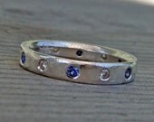 Moissanite, Blue Sapphire, and Recycled Palladium Sterling Silver Wedding Band or Stackable Ring, Made To Order