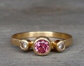 CLEARANCE - Fair Trade Pink Sapphire, Moissanite, and Recycled 14k Yellow Gold Ring, Size 6.5