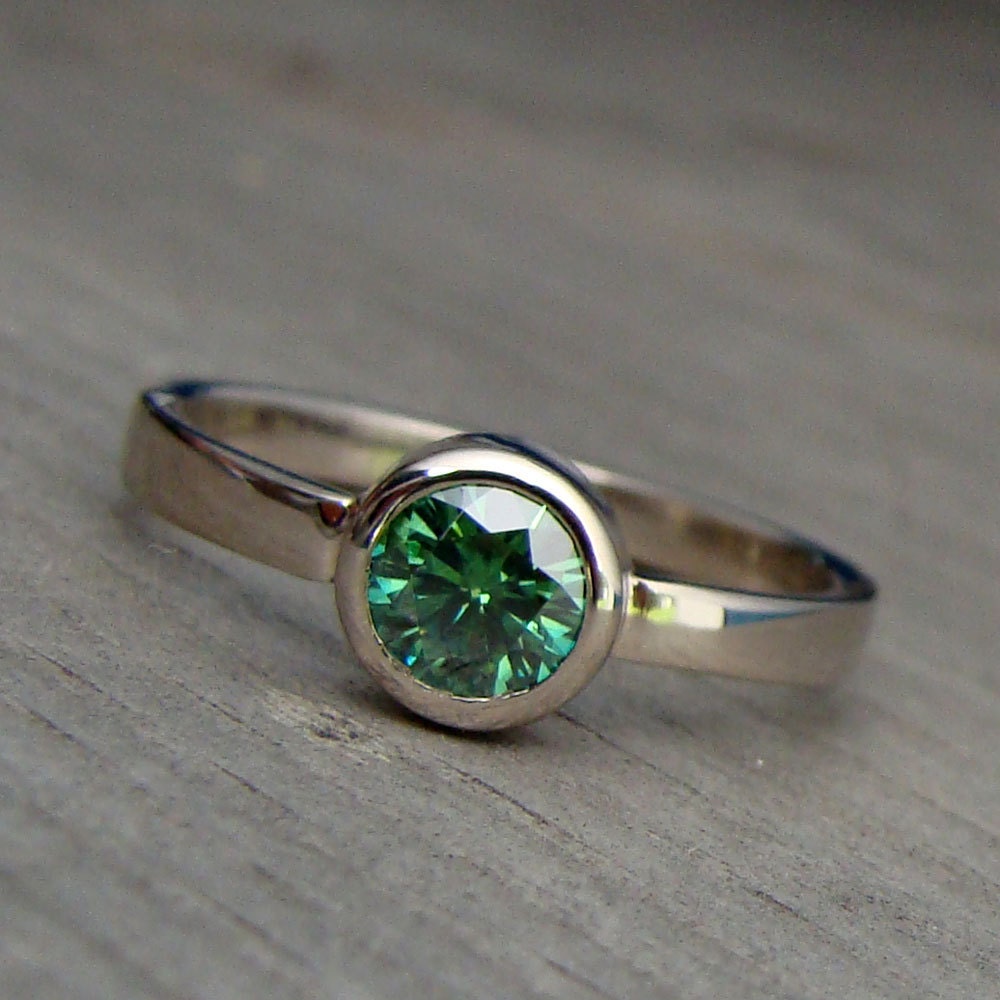 CLEARANCE - Green Moissanite and Recycled 18k Palladium White Gold Wedding, Engagement, or Right Hand Ring, size 8