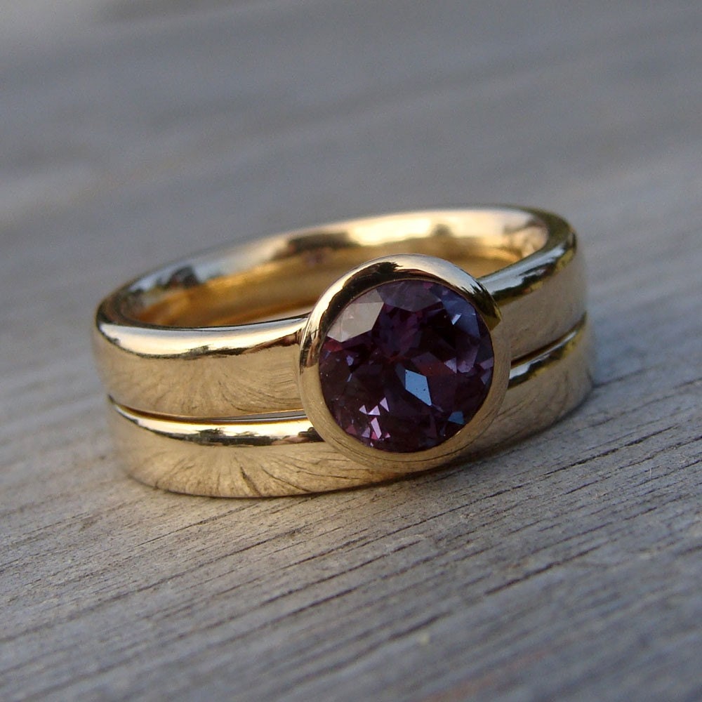 Engagement Ring and Wedding Band Set - Color-Change Alexandrite and Recycled 14k Gold, Made to Order