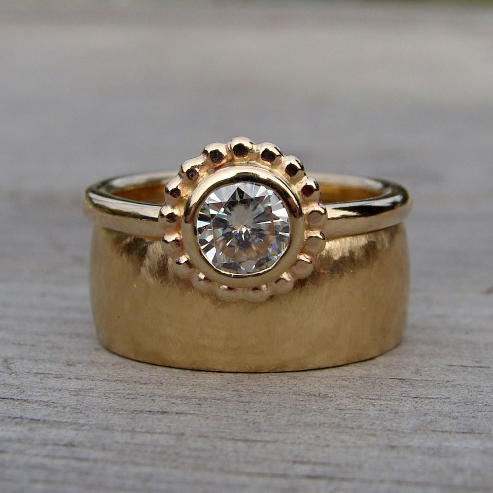 CLEARANCE - Moissanite and Recycled 14k Yellow Gold Halo Engagement or Wedding Ring, size 6.75 - Diamond Alternative