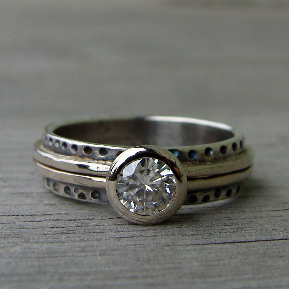 Moissanite, Recycled 14k White Gold, and Recycled Sterling Silver Ring, size 5.75