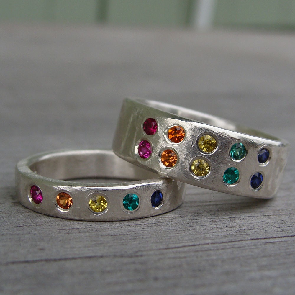 Set of Two Rainbow Rings - Commitment or Wedding Band Set - Ruby, Sapphire, Emerald, and Recycled Palladium Sterling Silver, Made to Order
