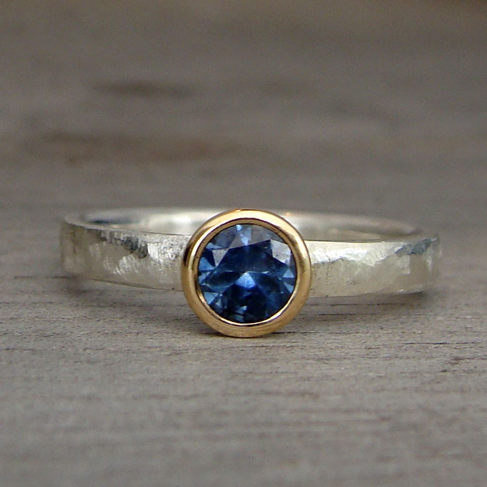 Fair Trade Malawi Blue Sapphire, Recycled 14k Gold, and Recycled Sterling Silver Ring, size 7