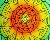 Jungle Turntable Art. Mandala Painting on Vinyl Record. Geometric Design. Bohemian Decor in Orange Yellow Green.