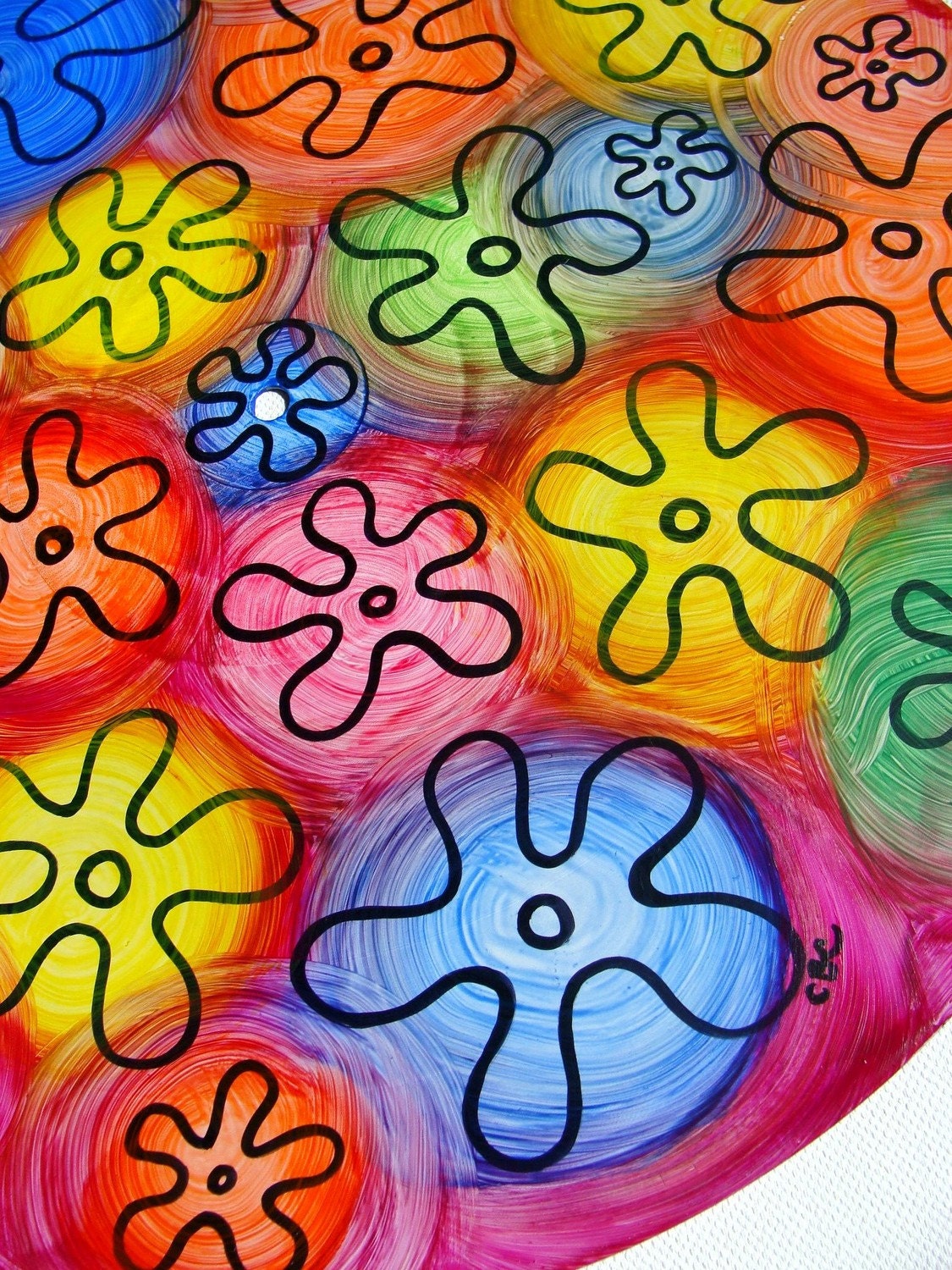 Amoeba Turntable Art. Mandala Painting on Vinyl Record. Bohemian Decor.