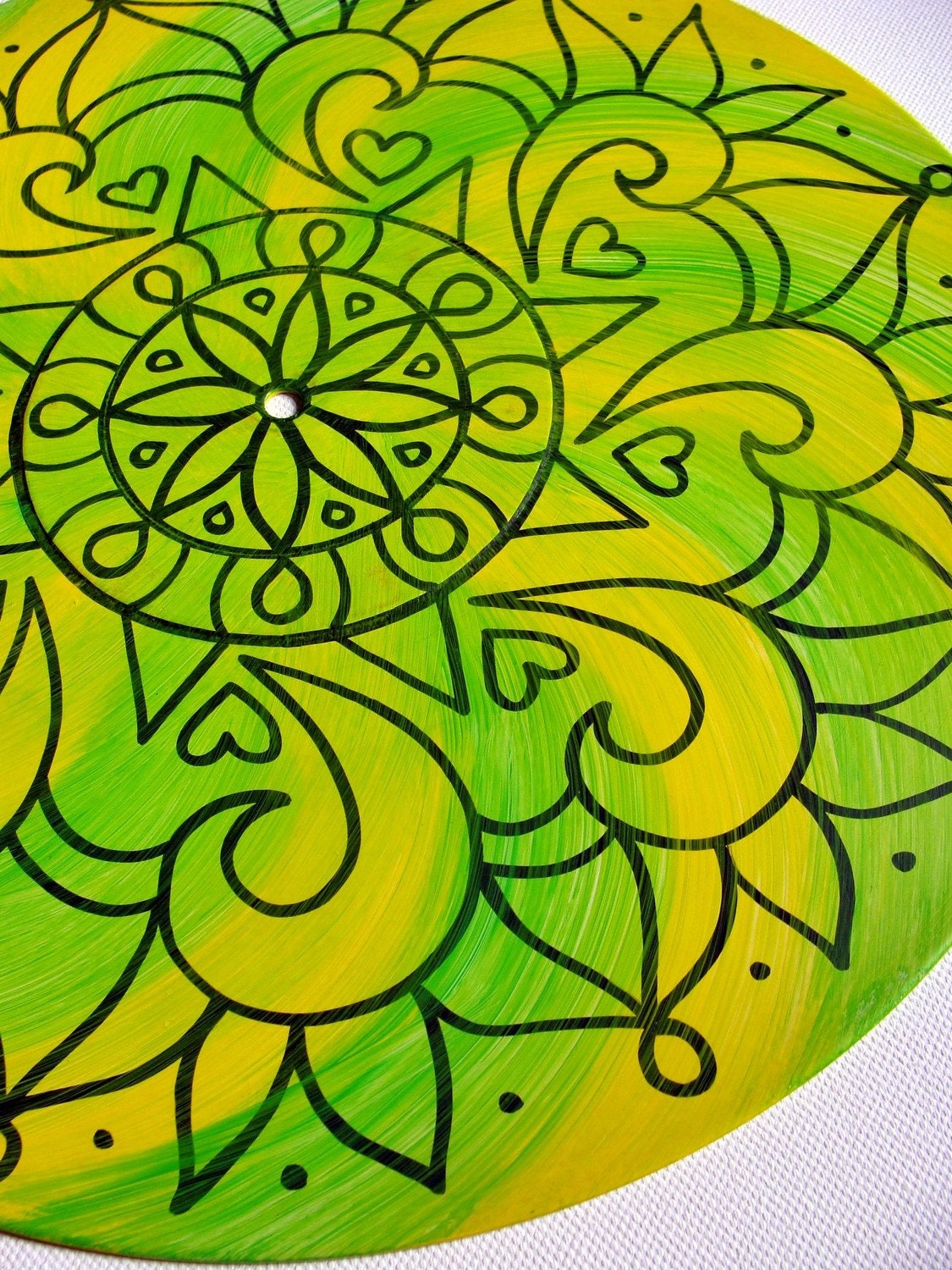 Lime Green Turntable Art. Mandala Painting on Vinyl Record. Hand Painted Geometric Design. Bohemian Decor in Yellow and Green.