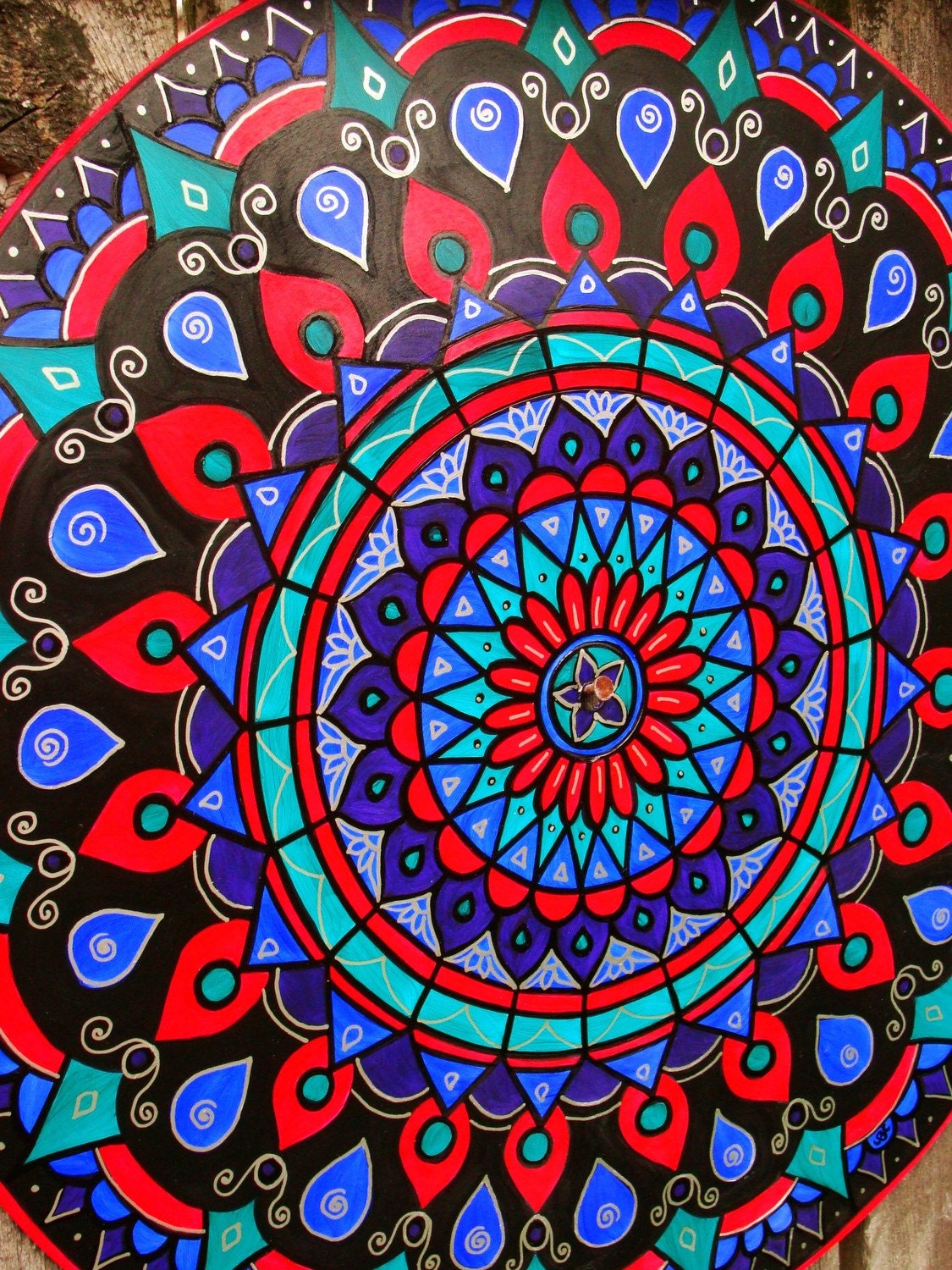 Cathedral - Original Mandala Painting on Recycled 16 inch Vinyl Record in Red and Blue