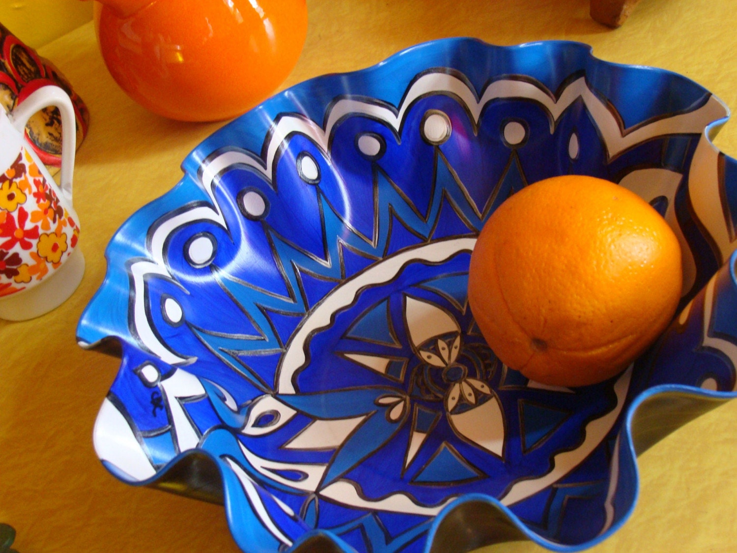 Ocean Blue Mandala Record Bowl. Hand Painted Geometric Design on Recycled Vinyl Record.  Tribal Inspired Bohemian Decor.