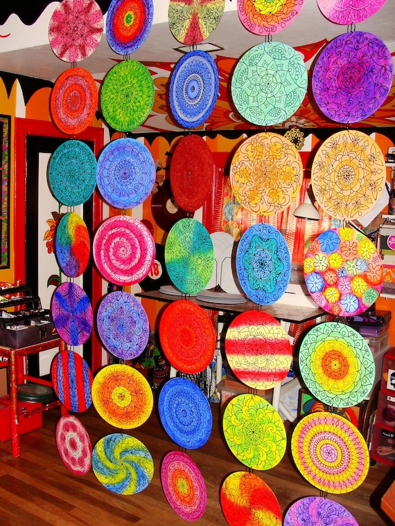 Custom Mandala Room Divider made from 35 Painted Vinyl Records - Tribal Inspired Geometry