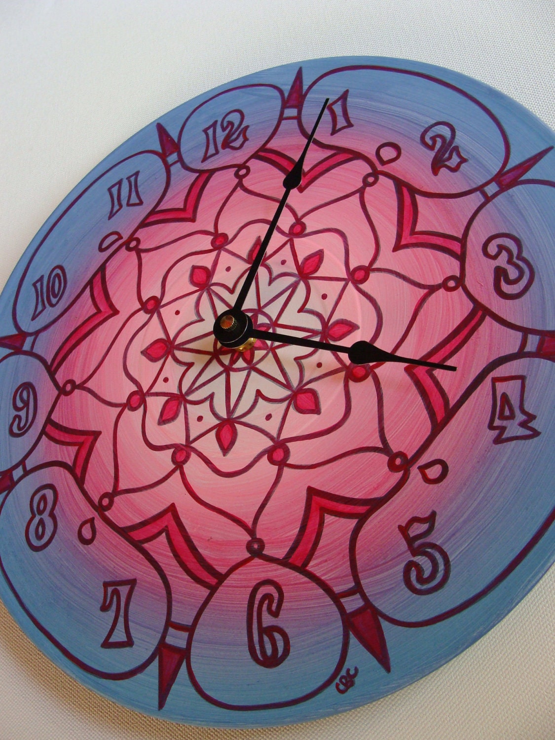 Tahiti Clock - Geometric Mandala in Pink and Blue Made From Recycled Vinyl Record