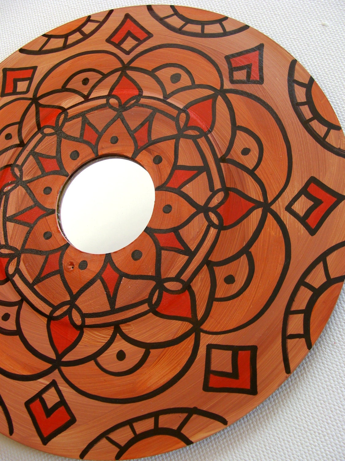 Terra Cotta Feng Shui Mirror - Hand Painted Geometric Mandala Made From 45 rpm Recycled Vinyl Record