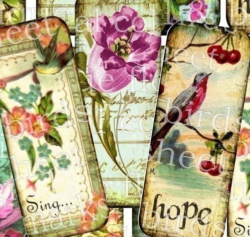 free SPiRiT original digital art collage sheet BiRDs FLoRaLs BuTTeRFLieS CHeRRieS download bookmarks handmade greeting card hang tags
