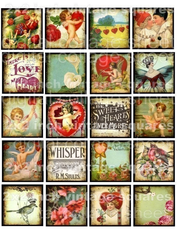 2X2 INCH Squares original digital download collage sheet inchies birds cupid hearts royal crown vintage paper scrapbooking supplies sh12