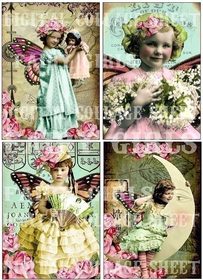 SeT of 4 WHiMSiCaL FaiRy designs DIGITAL COLLAGE SHEET antique roses girl on the moon
