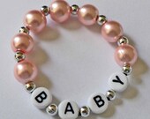 Newborn Keepsake Personalized Name Bracelet Pink Pearl Children's Infant Baby or Toddler Child Kids Glass Faux Pearl Stocking Stuffer