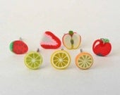 3 for 3 CHOOSE YOUR OWN earrings Hypoallergenic Surgical Steel Posts with Rubber Backs. Polymer Clay Fimo Kawii Fruit Apples Lime Strawberry