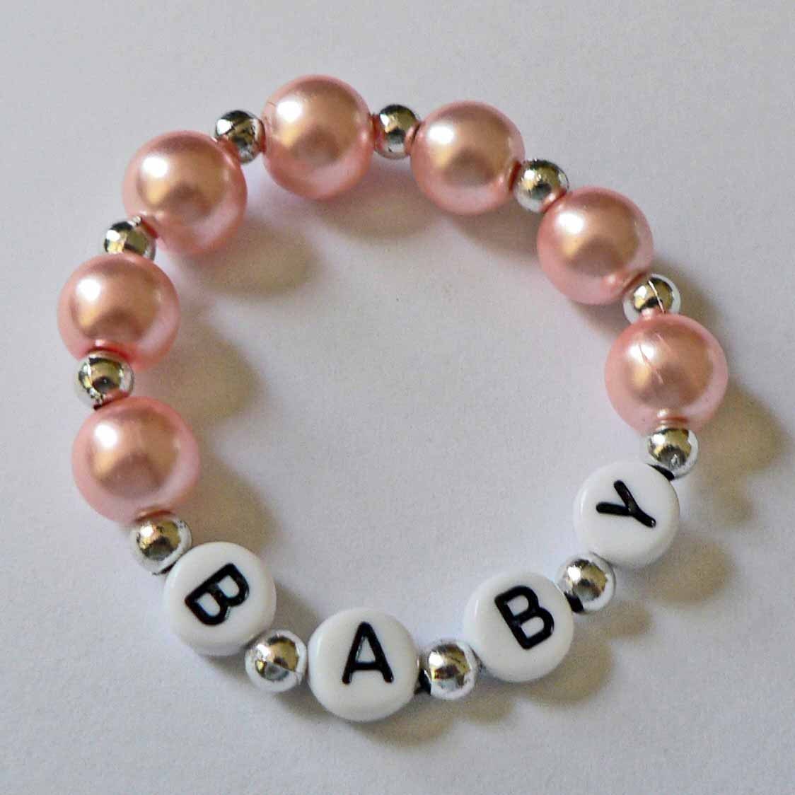 Newborn Keepsake Personalized Name Bracelet Pink Pearl Children's Infant Baby or Toddler Child Kids Glass Faux Pearl Stocking Stuffer