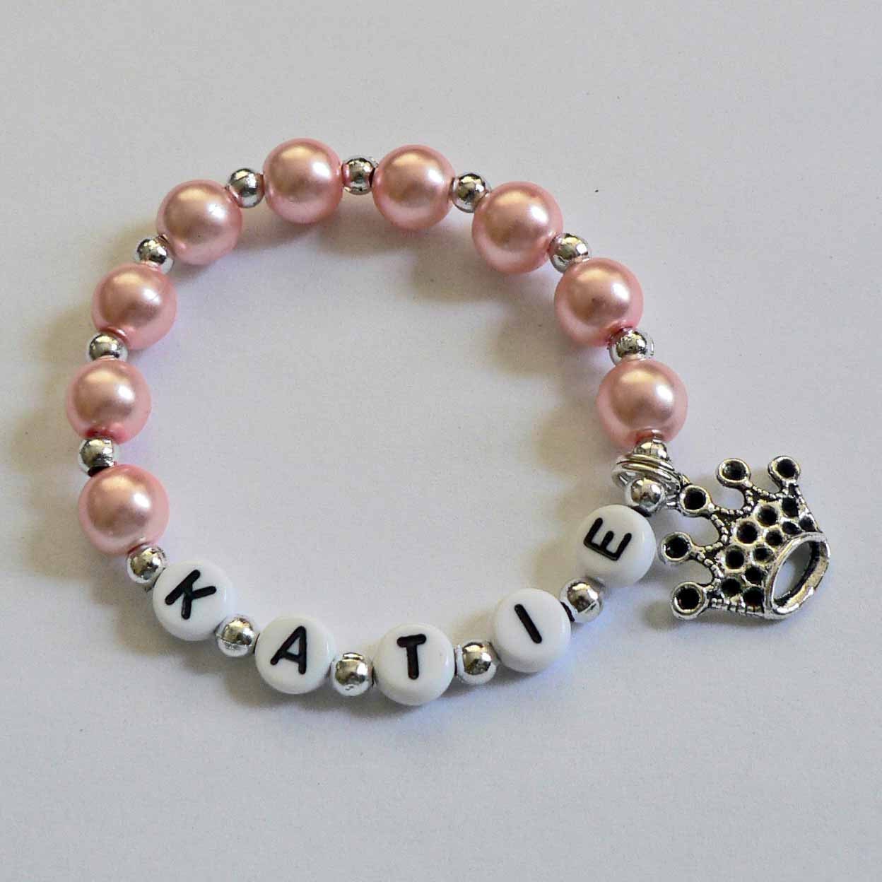 Personalized Princess Party Favors for kids Name bracelet Pink with crown or tiara charm