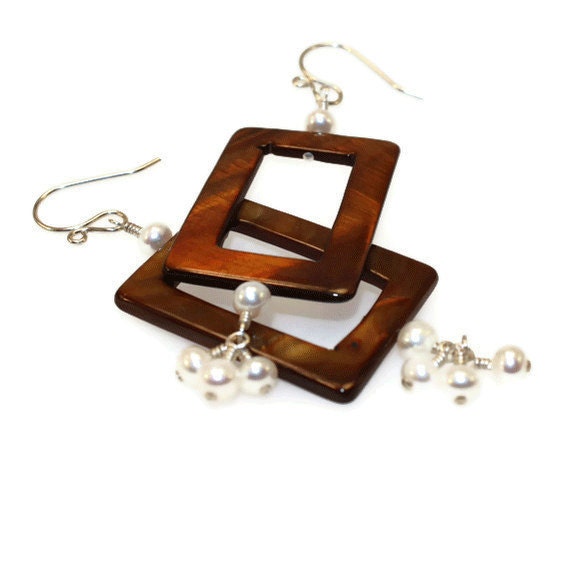 Bronze Mother of Pearl Rectangles and White Pearl Earrings in Sterling Silver by Dashery