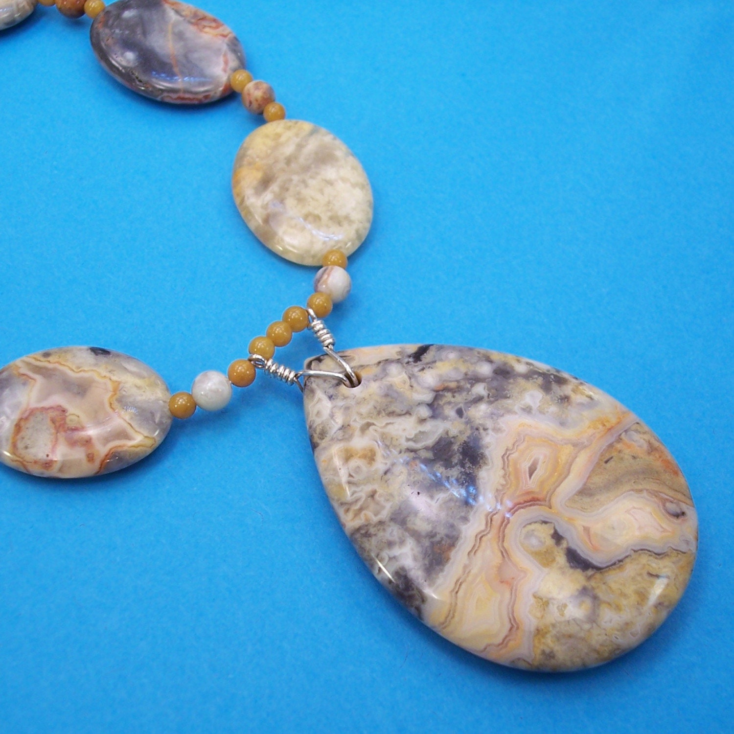 Big Bold Teardrop Necklace in Crazy Lace Agate and Golden Jade