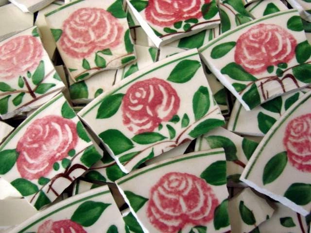 Mosaic Tiles Shabby Chic Pink Vintage Roses Broken Plate Pieces