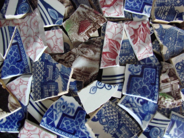 Mosaic Tiles Assorted Mix Transferware Broken Plate Lot Blue Red Brown