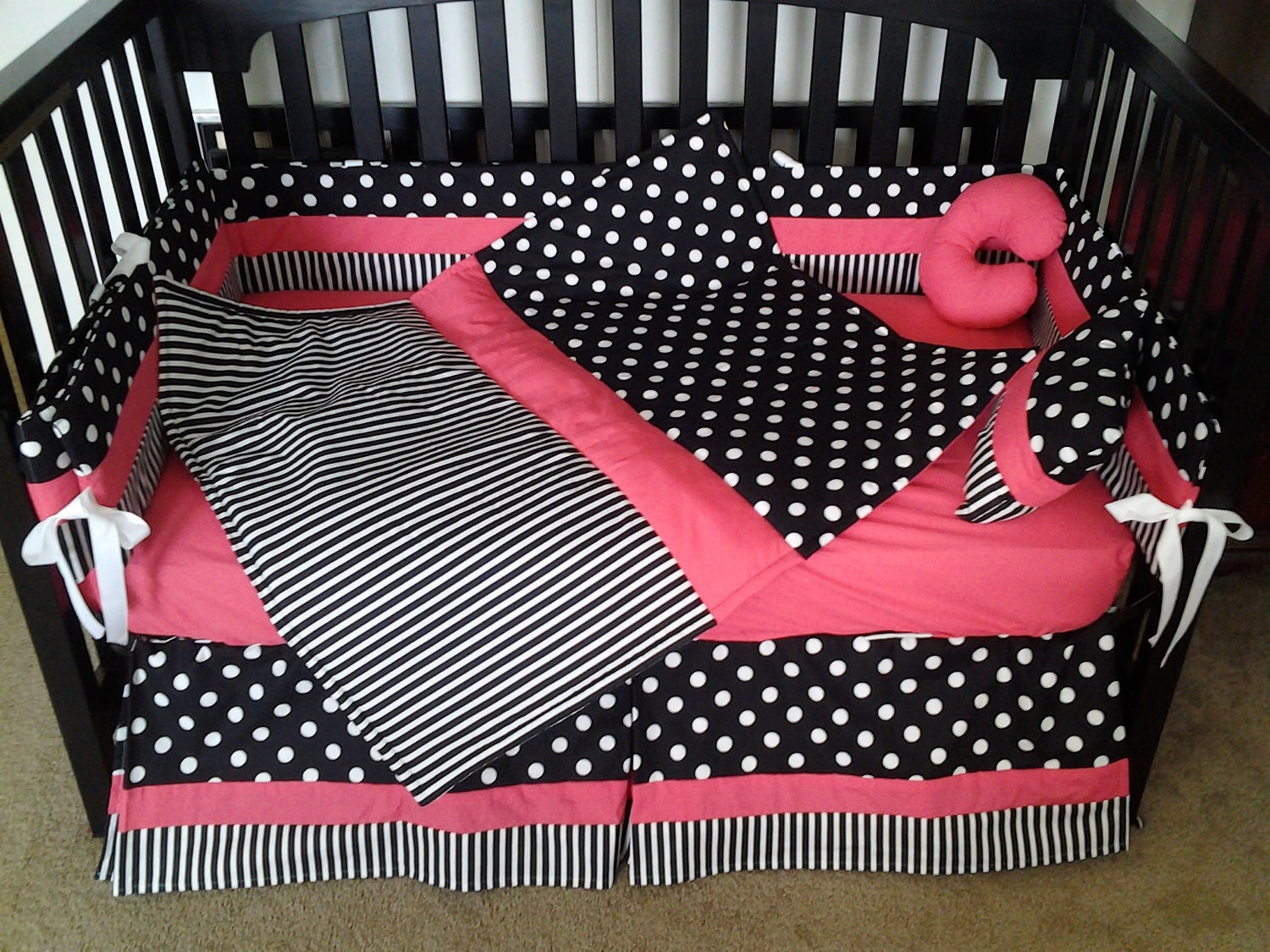New POLKA DOT and STRIPE hot pink black white by KustomKidsBedding