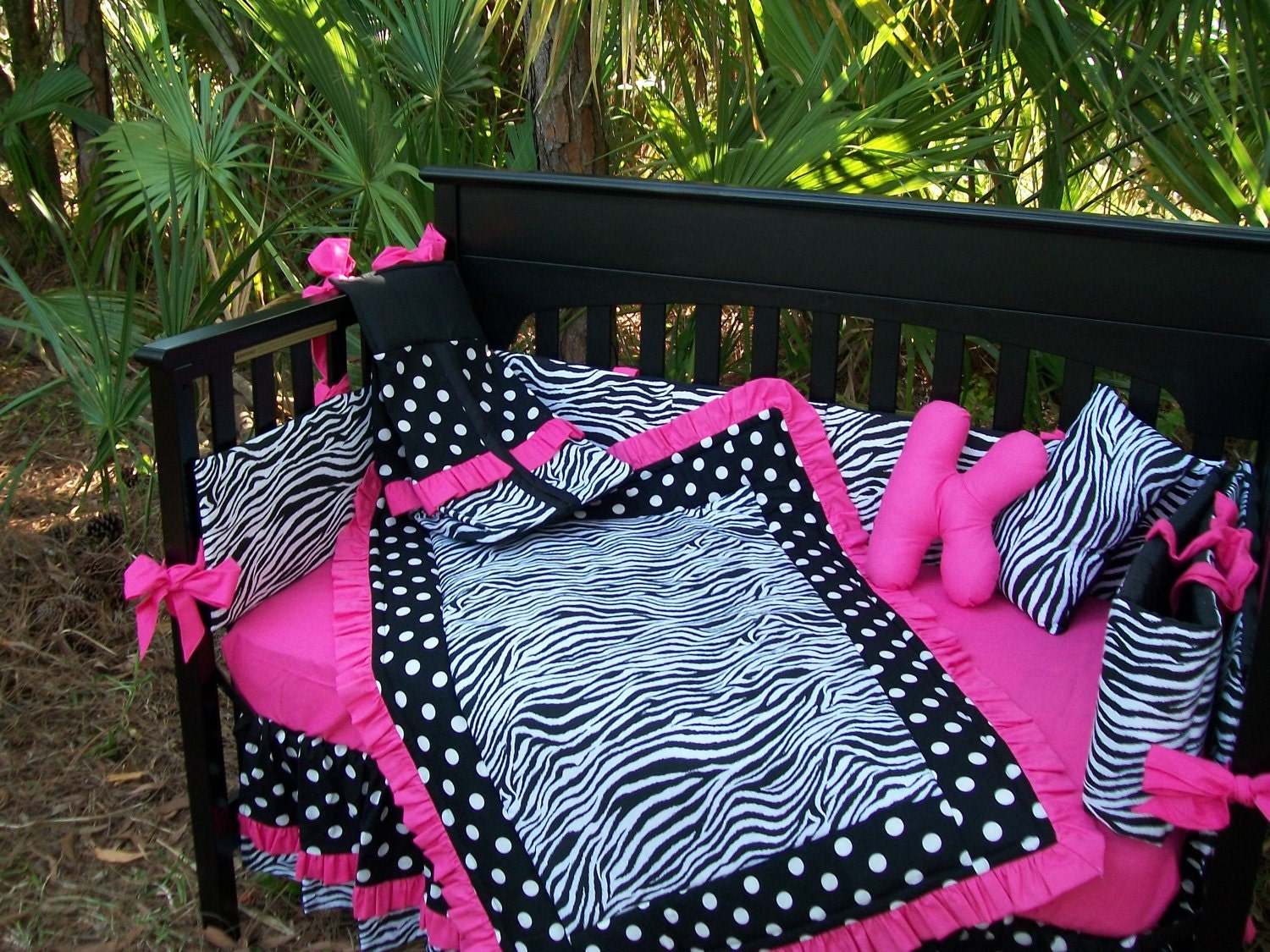 New Black White Polka Dot Zebra and Hot Pink fabrics Crib Bedding Set