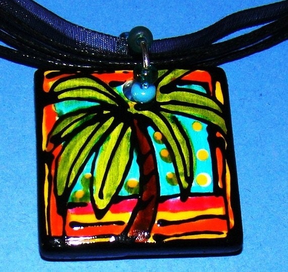 Palm Tree Pendant Jewelry Hand Painted WEARABLE Art custom made