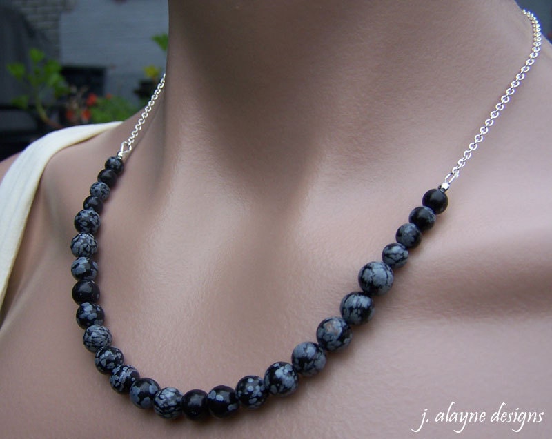 Snowflake Obsidian and Silver Chain Necklace