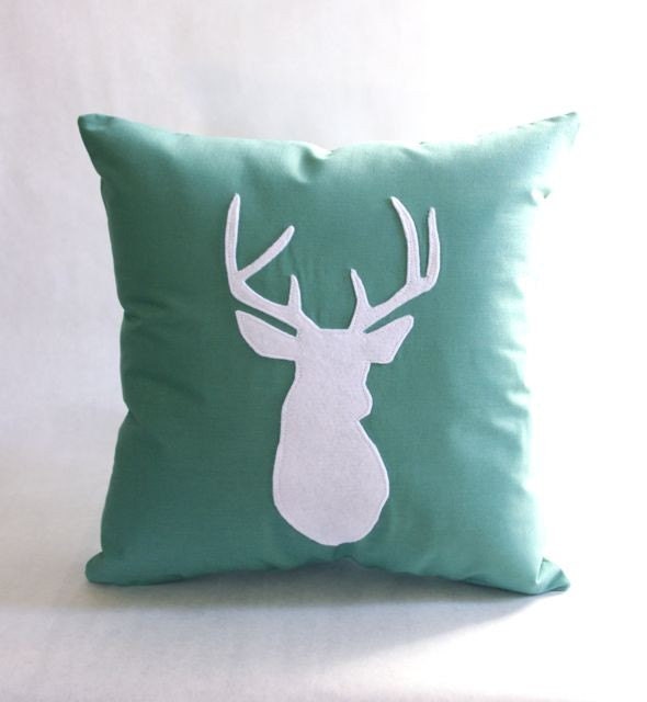 Sea Green & White Pillow Cushion - Deer Head 14X14