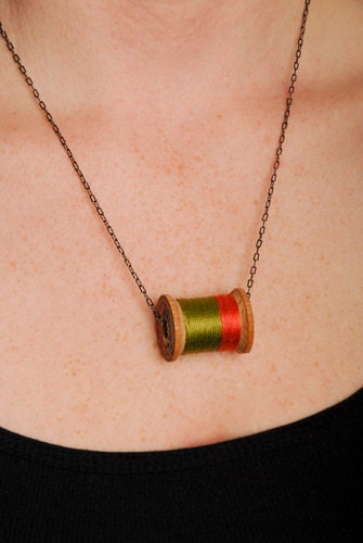 Moss and Salmon Thread Spool Necklace