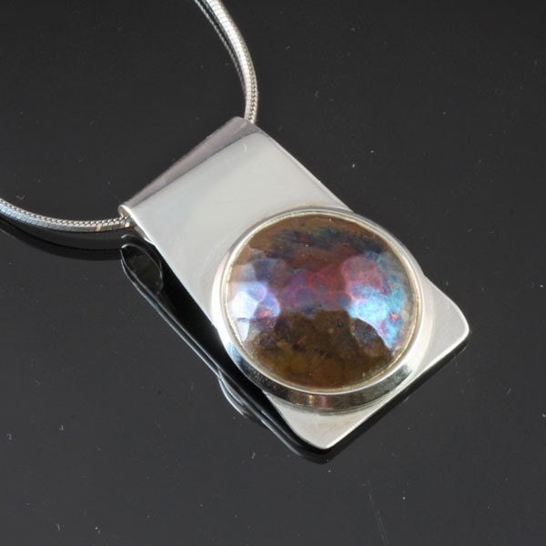 Sterling Silver  Pendant Necklace with Hammered and Heat Oxidized Copper Accent