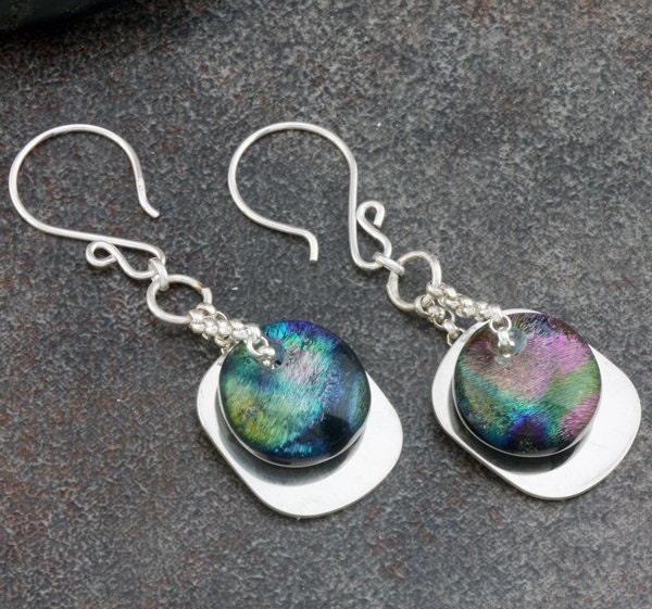 Fused Dichroic Glass Earrings with Sterling Silver Accents