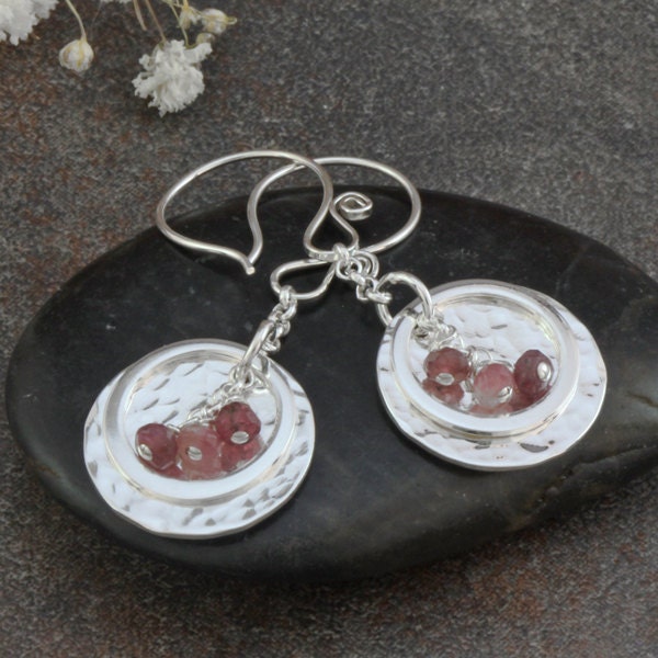 Earrings Hammered Sterling Silver with Pink Tourmaline Gemstone