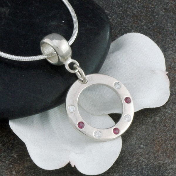 Sterling Silver Pendant Necklace with 2mm Faceted Flush Set Gemstones Rhodolite Red Garnet and Cubic Zirconia