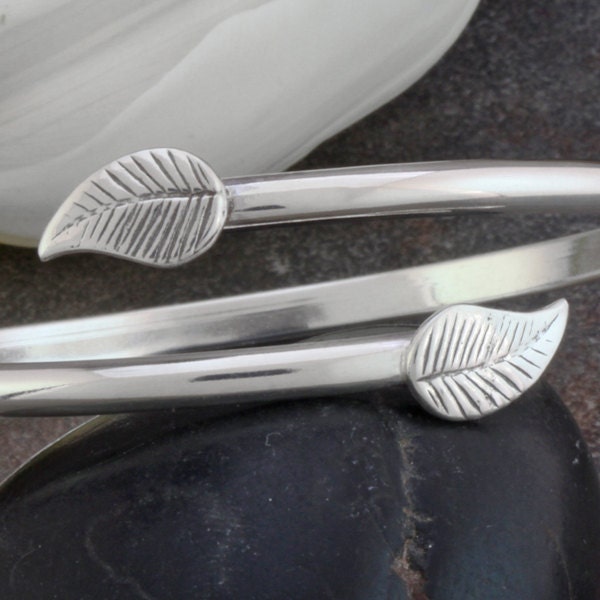 Sterling Silver Bangle Bracelet with Leaf Accents