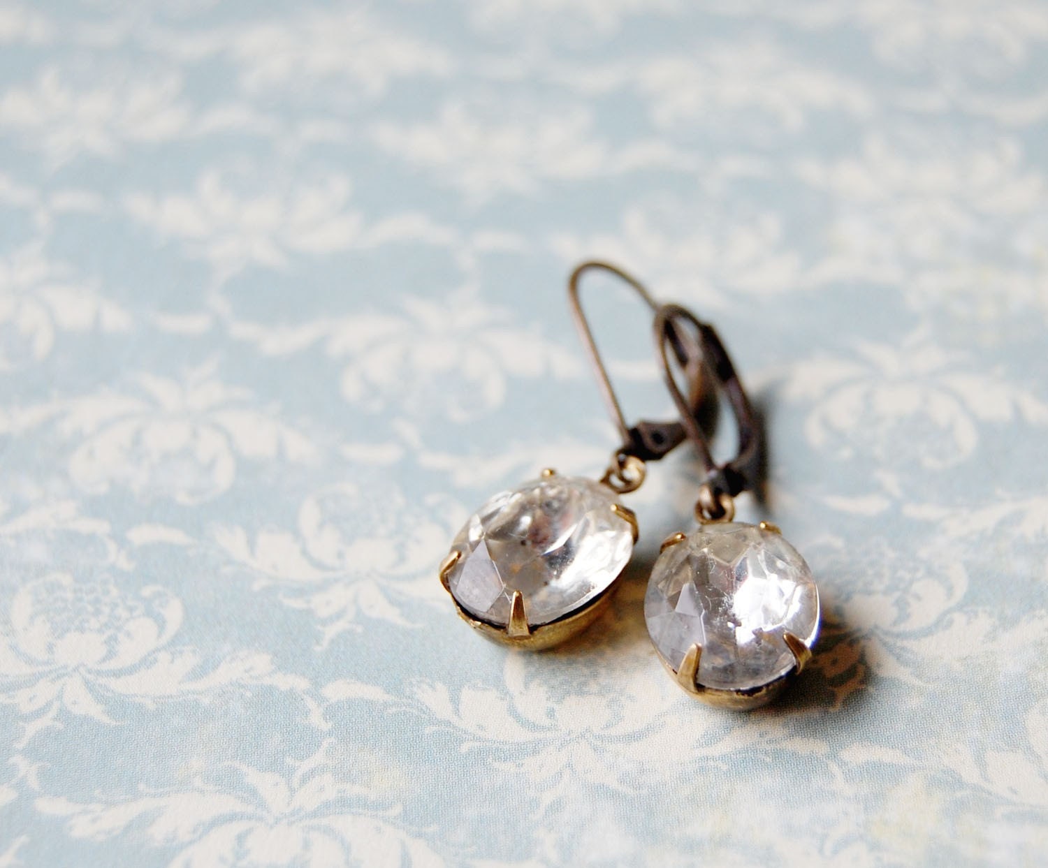 glitz - vintage rhinestones set in brass- simple hollywood fashion- aged brass faceted glass stone earrings