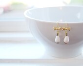 milk glass drop earrings with brass bow detail- vintage romance