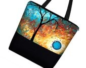 Large Tote Bag Purse / Diaper Bag / Cute Cotton Tote Bag / Zippered Canvas Tote / Teacher or Work Tote - Aqua Burn MADART