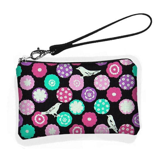 SALE Wallet Wristlet Bridesmaid Purse Bridal Clutch Purse Evening Purse Small Zipper Purse -  Kokka Black Bird pink purple (RTS)