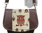 DSLR Camera Bag Slr Camera Messenger Bag  Vegan Brown Leather Cute Owl Zipper Padded Deluxe Model (RTS)