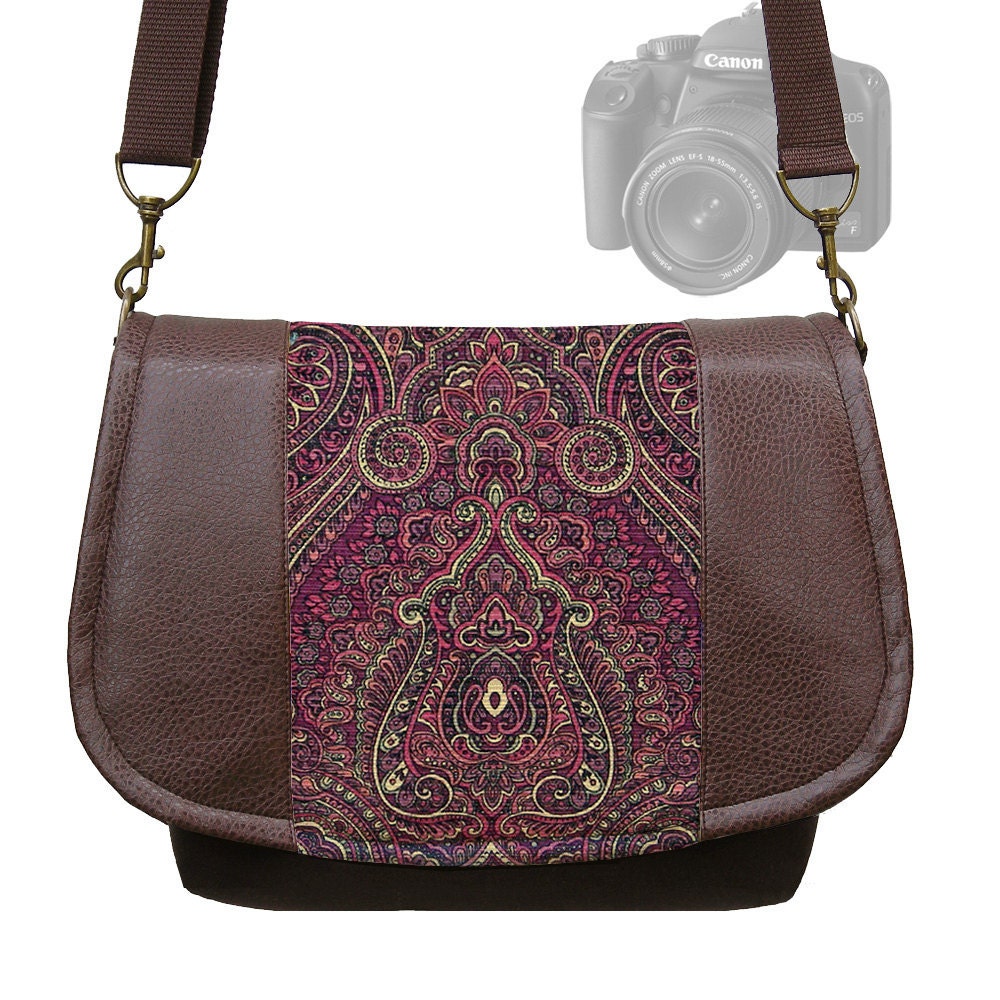 DSLR Camera Bag SLR Camera Messenger Bag  Vegan Brown Leather Purple Paisley Zipper Padded DELUXE Model