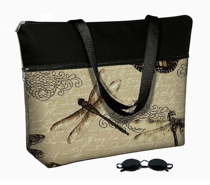 17 inch Laptop Bag with Straps / Laptop Tote Bag / 17" Laptop Case / Padded / Zippered Top  - Vintage Dragonfly black neutral