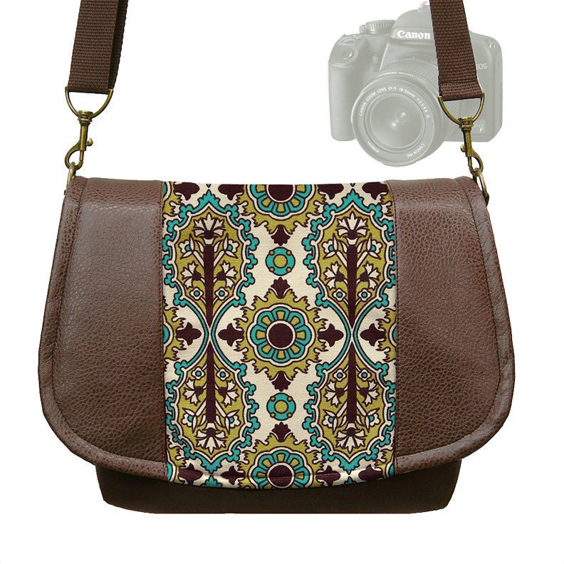 Stylish Digital SLR Camera Bag Dslr  Camera Bag Purse Vegan Leather Brown Aqua Medallion  Deluxe Model