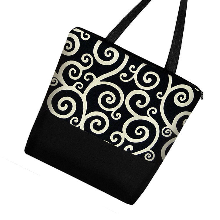 Large Tote Bag Purse /  Diaper Bag / Cute Cotton Tote Bag / Zippered Canvas Tote / Teacher or Work Tote - Black White Twirl (RTS)