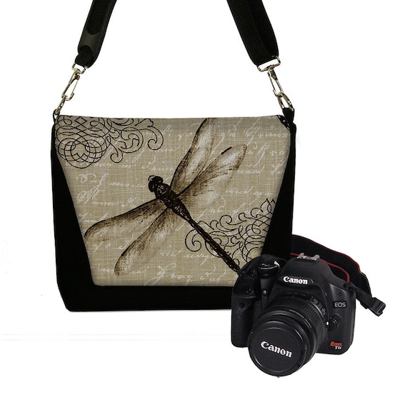 SALE Womens Padded DSLR Camera Bag Slr Camera Bag Purse Messenger Camera Bag  Zipper Pocket - Deluxe Vintage Dragonfly black (RTS)
