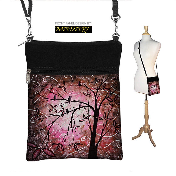 Sling Bag Shoulder Purse Cross Body Bag Small Travel Purse Zipper Fits Kindle 2 - Pink Cherry Blossoms Bird MADART - InStock