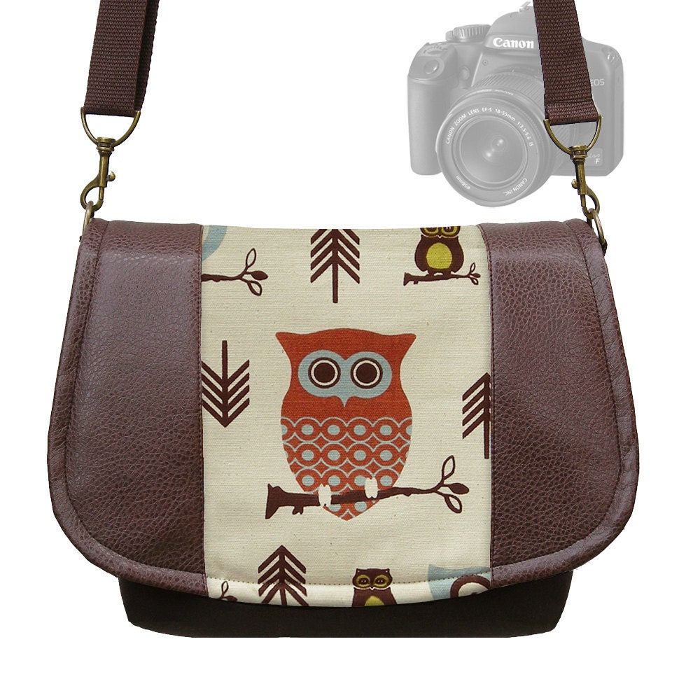 DSLR Camera Bag Slr Camera Messenger Bag Vegan Brown Leather Cute Owl Zipper Padded Deluxe Model (RTS)